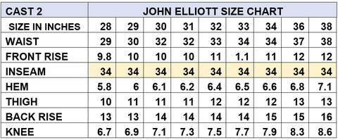 John Elliott CAST 2 Size Chart - Jeans for Men