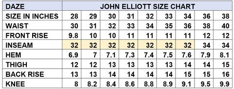 John Elliott DAZE Size Chart - Jeans for Men