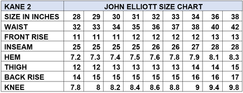 John Elliott KANE 2 Size Chart - Jeans for Men