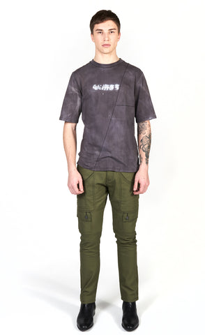 Grey cotton shirt and olive green denim cargo pants for men outfit