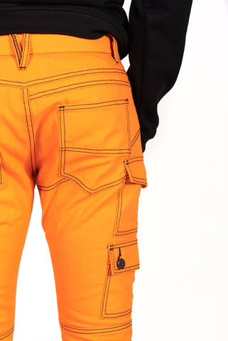 Black stitch orange denim cargo pants