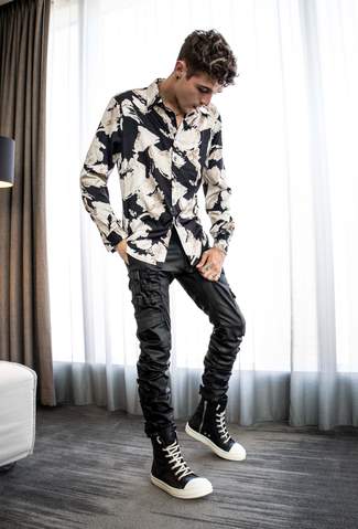 Men's outfit ideas luxury streetwear - floral satin shirt and waxed pants