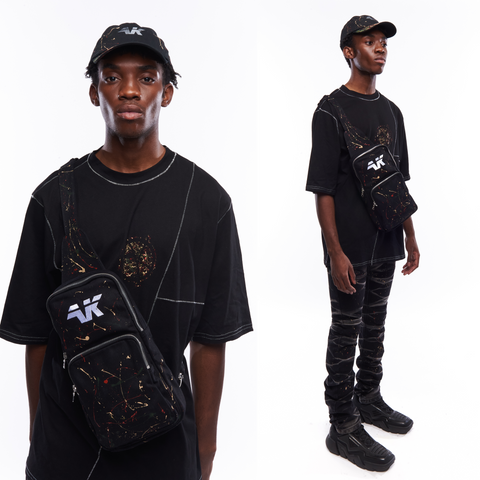 Black Splatter Hat, Crossbody Bag, Shirt, Denim Jeans for Men