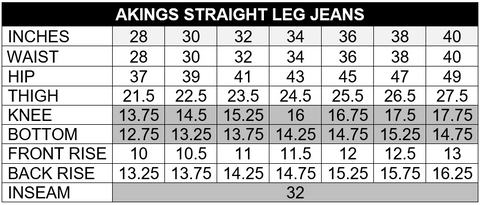 AKINGS size chart for straight leg jeans