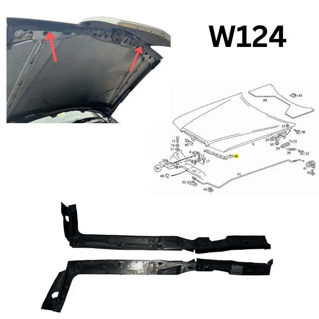 W124 afdichtende motorkapbeugel SET rechts- en linksvoor NIEUW