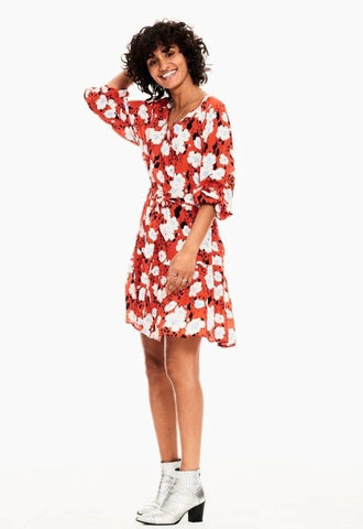 red summer dress with floral print