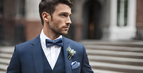 a navy bow tie pairs effortlessly with charcoal and navy suits