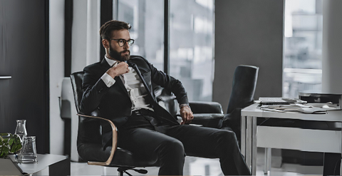 Male wearing business suit sitting in office