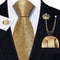 Champagne Golden Solid Tie Pocket Square Cufflinks with Crown Lapel Pin