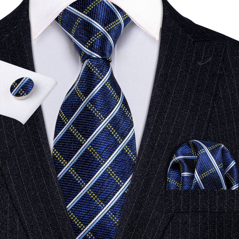 Royal Blue Plaid Tie Pocket Square Cufflinks Set – BarryWang