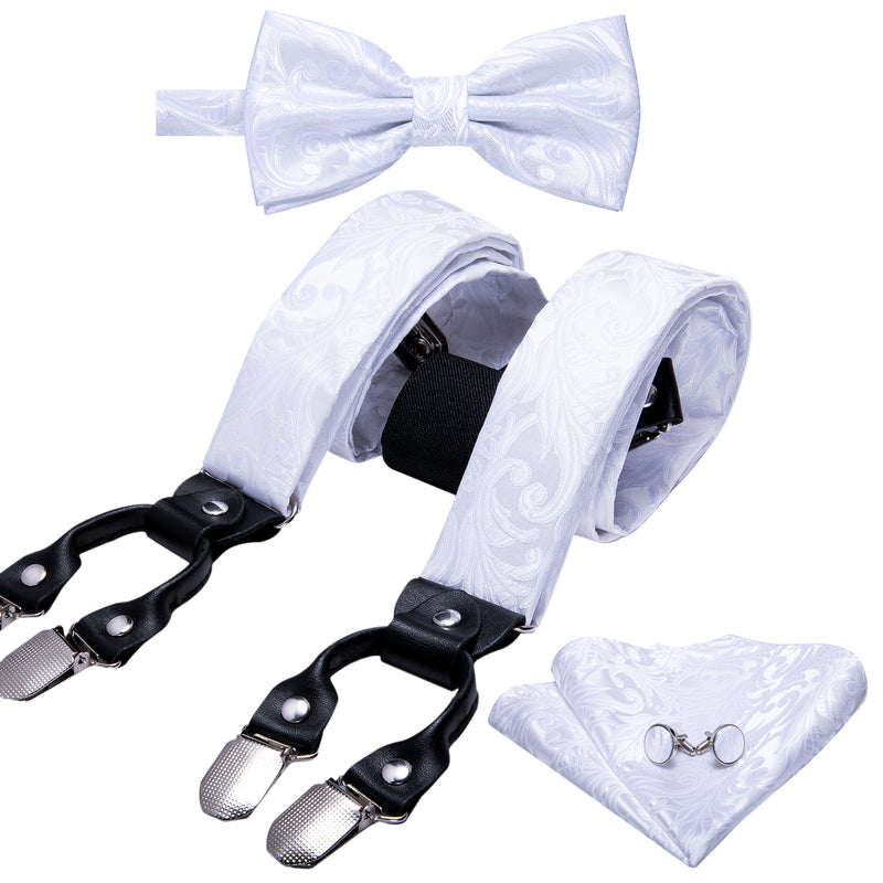White Floral Y Back Adjustable Suspenders Bow Tie Set