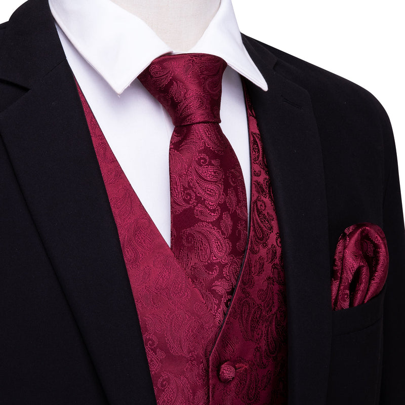 Men's Red Paisley Silk Vest Necktie Pocket square Cufflinks – BarryWang