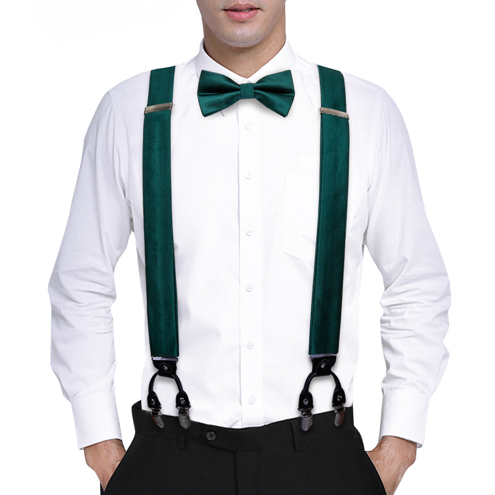 Green Solid Y Back Adjustable Bow Tie Suspenders Set