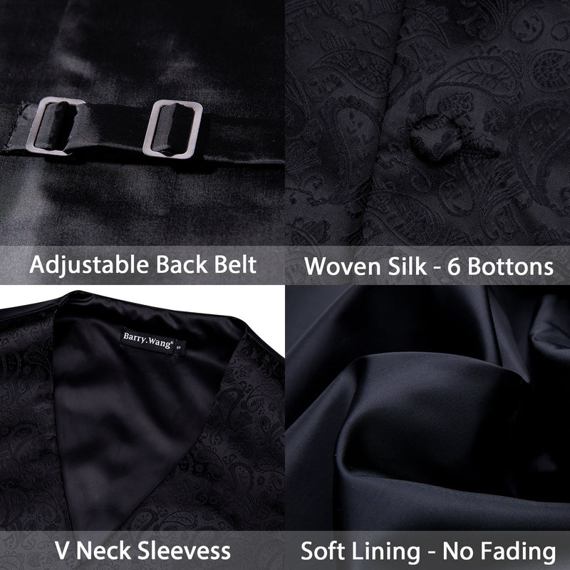 Men's Black Paisley Silk Vest Necktie Pocket square Cufflinks – BarryWang