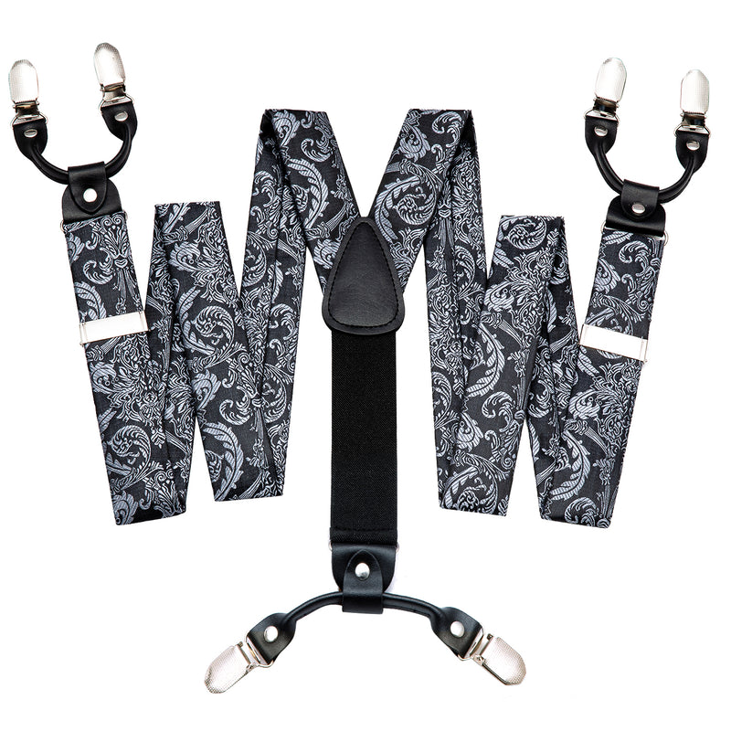 Black Grey Floral Tie Y Back Adjustable Suspenders Tie Set – BarryWang