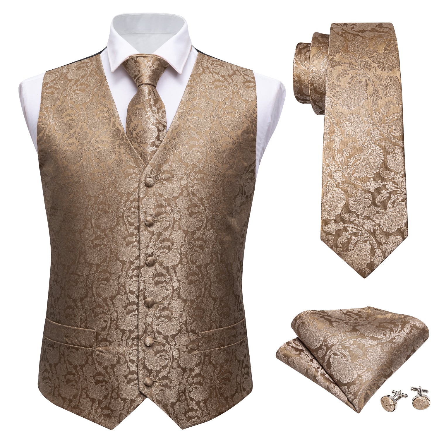 Plus Size Mens Gold Black Flora Silk V Neck Vest Suit Waistcoat Necktie  Square Hanky Cufflinks 4pcs Set For Wedding Suit Set, Buy More, Save More