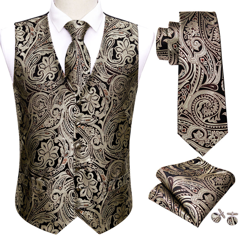 Men's Black Silver Paisley Silk Vest Necktie Pocket square Cufflinks ...