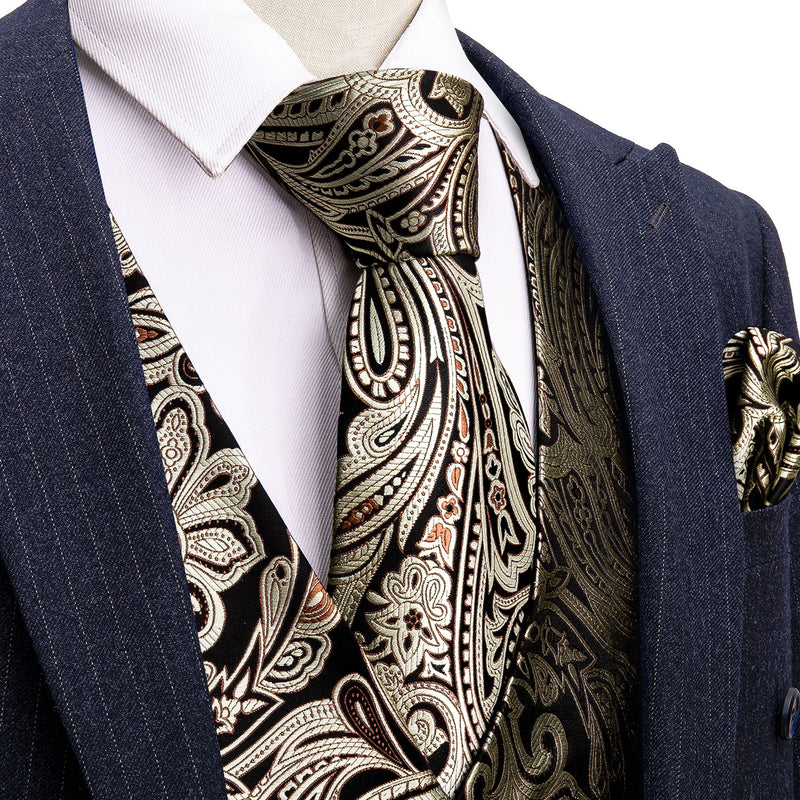 Men's Black Silver Paisley Silk Vest Necktie Pocket square Cufflinks ...