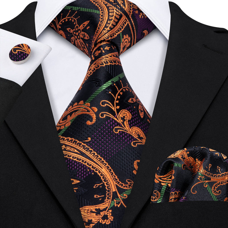 Black Golden Paisley Tie Pocket Square Cufflinks Set – BarryWang
