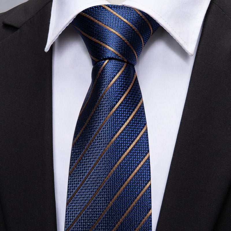 Deep Blue Gold Striped Silk Fabric Tie Hanky Cufflinks Set – BarryWang