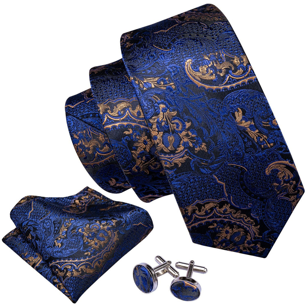 Navy Blue Golden Paisley Men's Tie Lapel Pin Brooch Silk Tie Pocket Sq ...