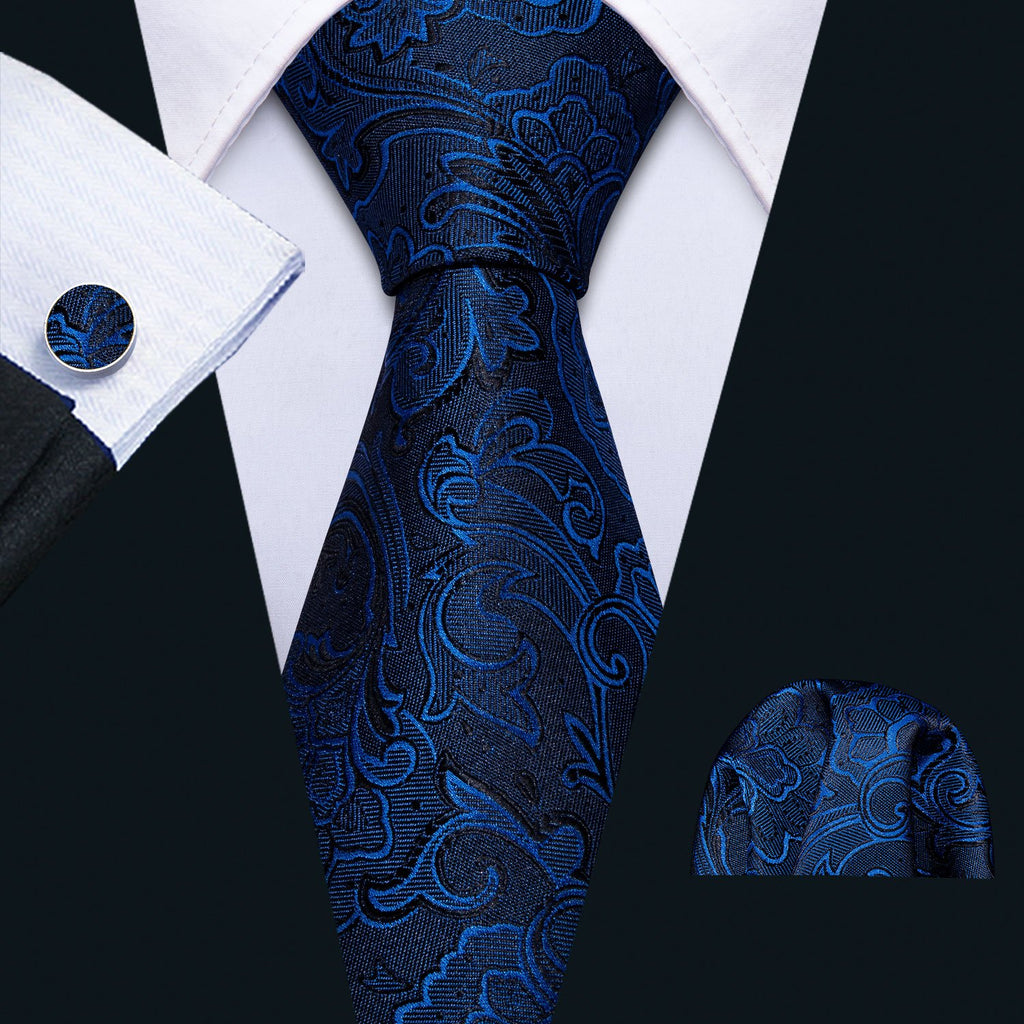 Deep Blue Floral Necktie Pocket Square Cufflinks Set – BarryWang