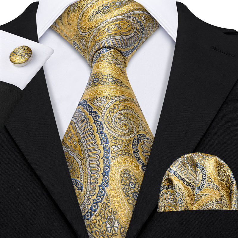 Golden Paisley Men's Necktie Pocket Square Cufflinks Set – BarryWang