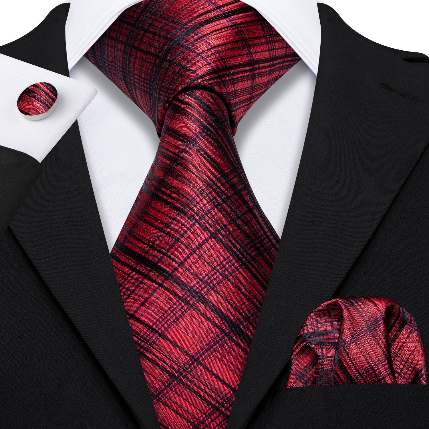 Red Black Striped Men's Tie Lapel Pin Brooch Silk Tie Pocket Square Cu