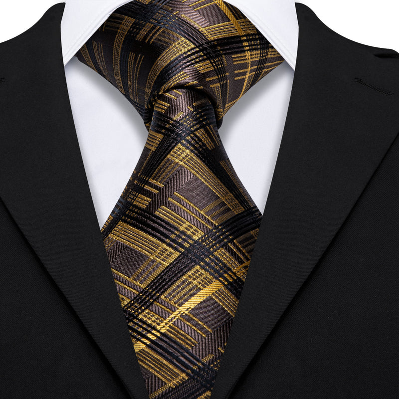 Brown Yellow Stripe Plaid Tie Pocket Square Cufflinks Set – BarryWang
