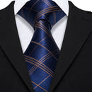 Gold Blue Stripe Plaid Men's Tie Lapel Pin Brooch Silk Tie Pocket Square Cufflinks Set  Wedding Business Party