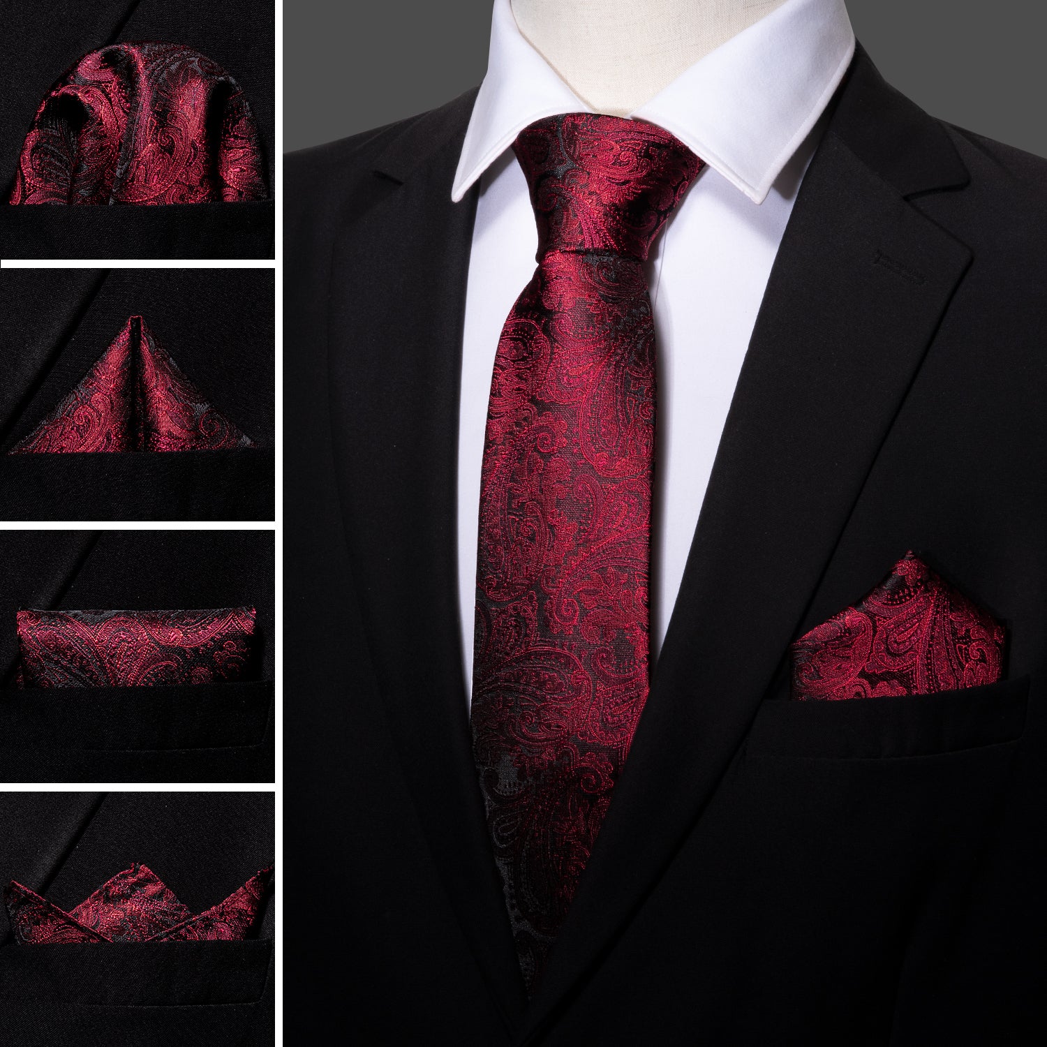 Luxury Black Red Paisley Tie Hanky Cufflinks Gift Box Set – BarryWang