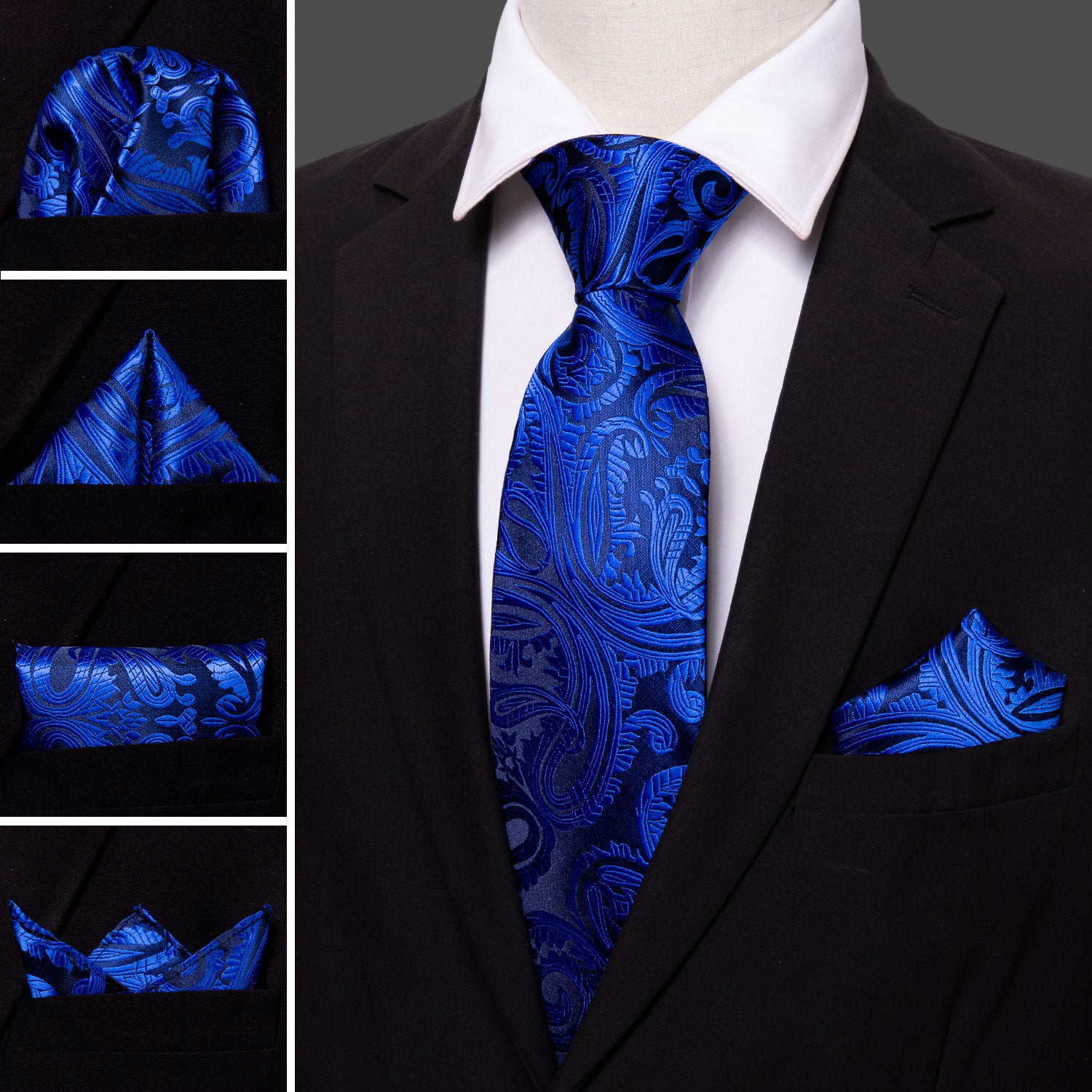 Dark Blue Patterned Tie Set | Matching Handkerchief + Cufflinks + Box