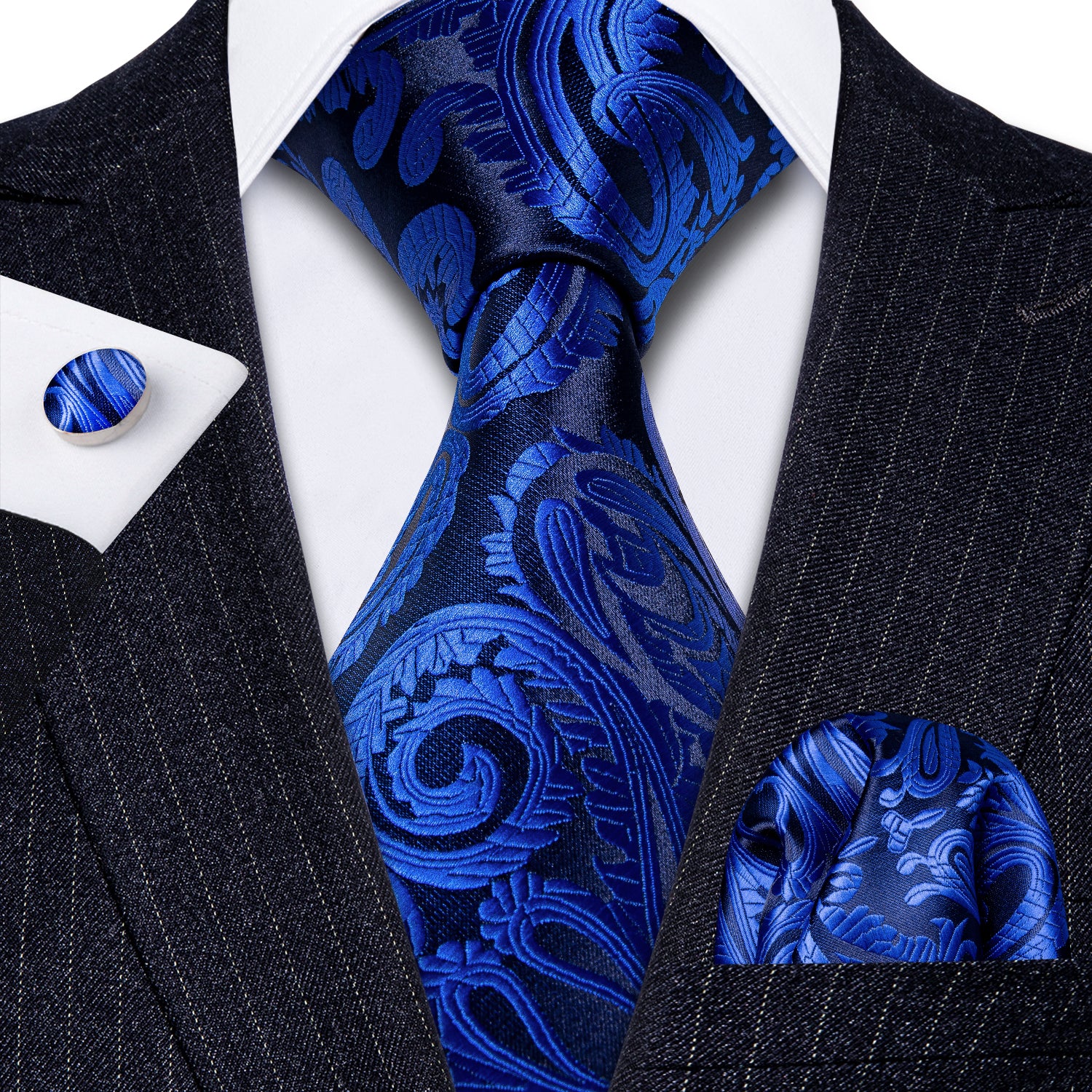 Dark Blue Patterned Tie Set | Matching Handkerchief + Cufflinks + Box