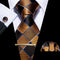 4PCS  Gold Brown Geometry Plaid Silk Tie Hanky Cufflinks Tie Clip Set
