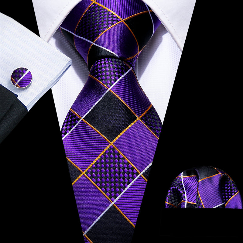 4PCS Purple Geometry Plaid Silk Tie Hanky Cufflinks Tie Clip Set ...