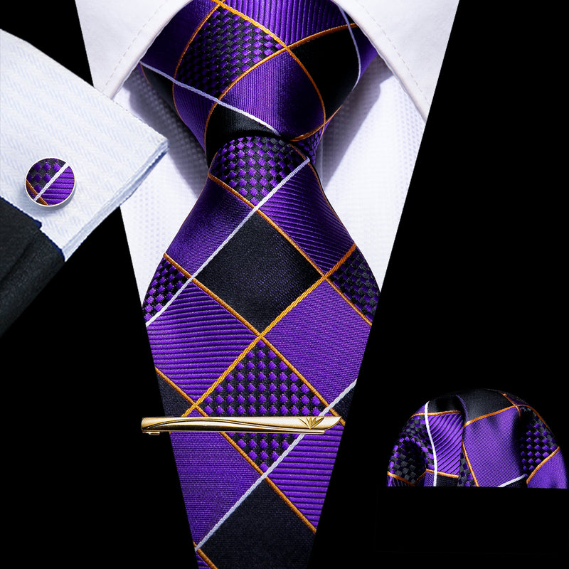 4PCS Purple Geometry Plaid Silk Tie Hanky Cufflinks Tie Clip Set ...