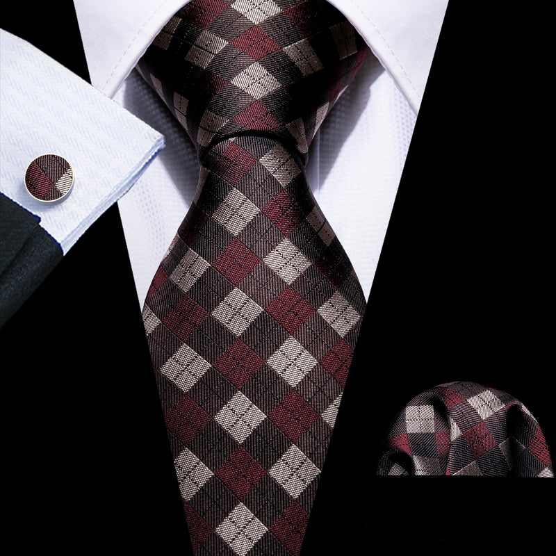 New Red Brown Plaid Silk Tie Hanky Cufflinks Set – BarryWang