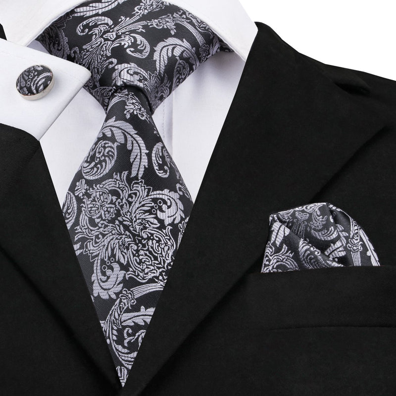 New Luxury Black Silver Floral Scarf with Tie Set – BarryWang