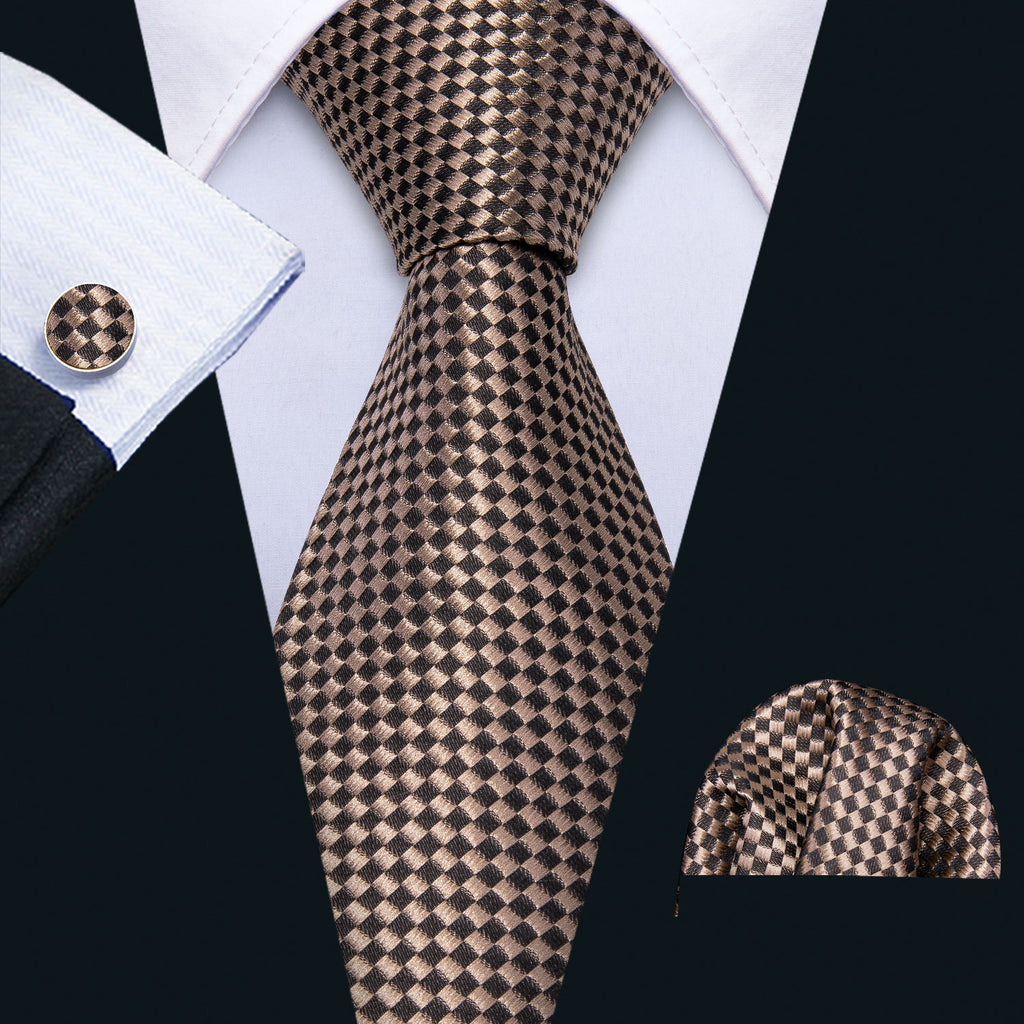 Champagne Brown Plaid Tie Pocket Square Cufflinks Set – BarryWang