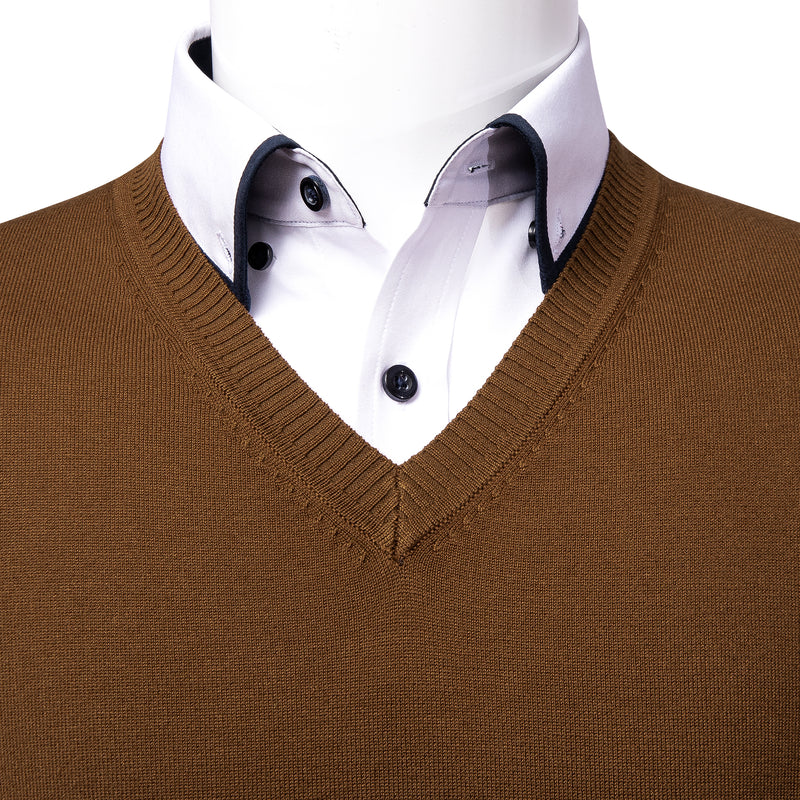 Brown Solid Men's V-Neck Knitted Wool Vest