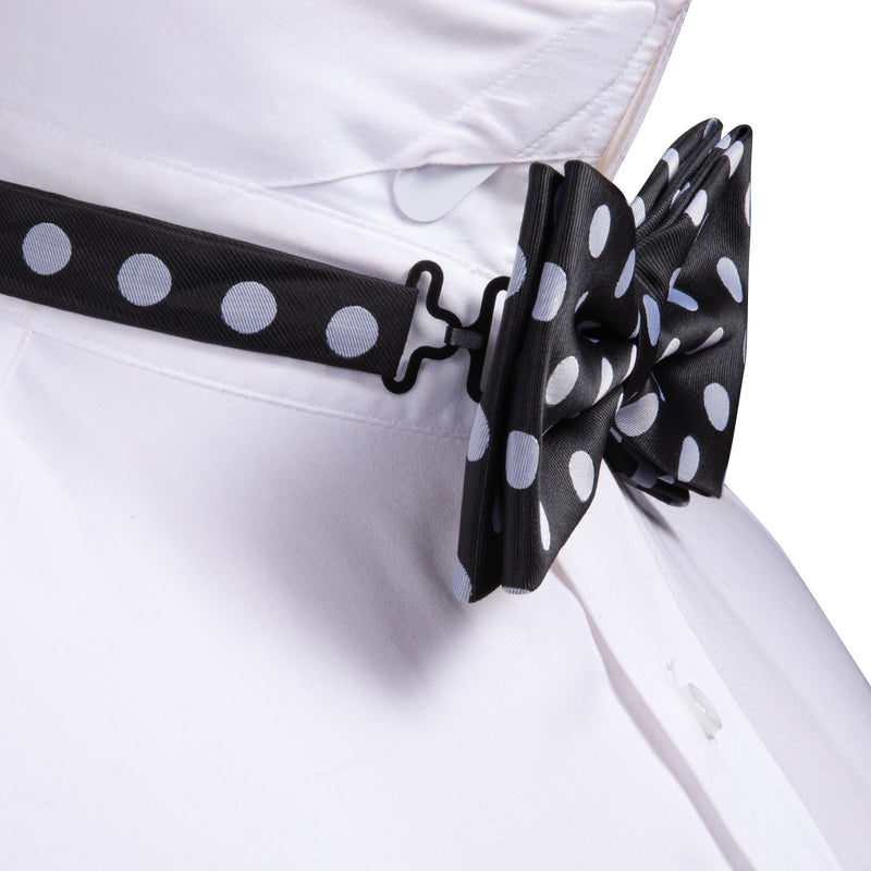 Black White Dots Bow Tie Hanky Cufflinks Set