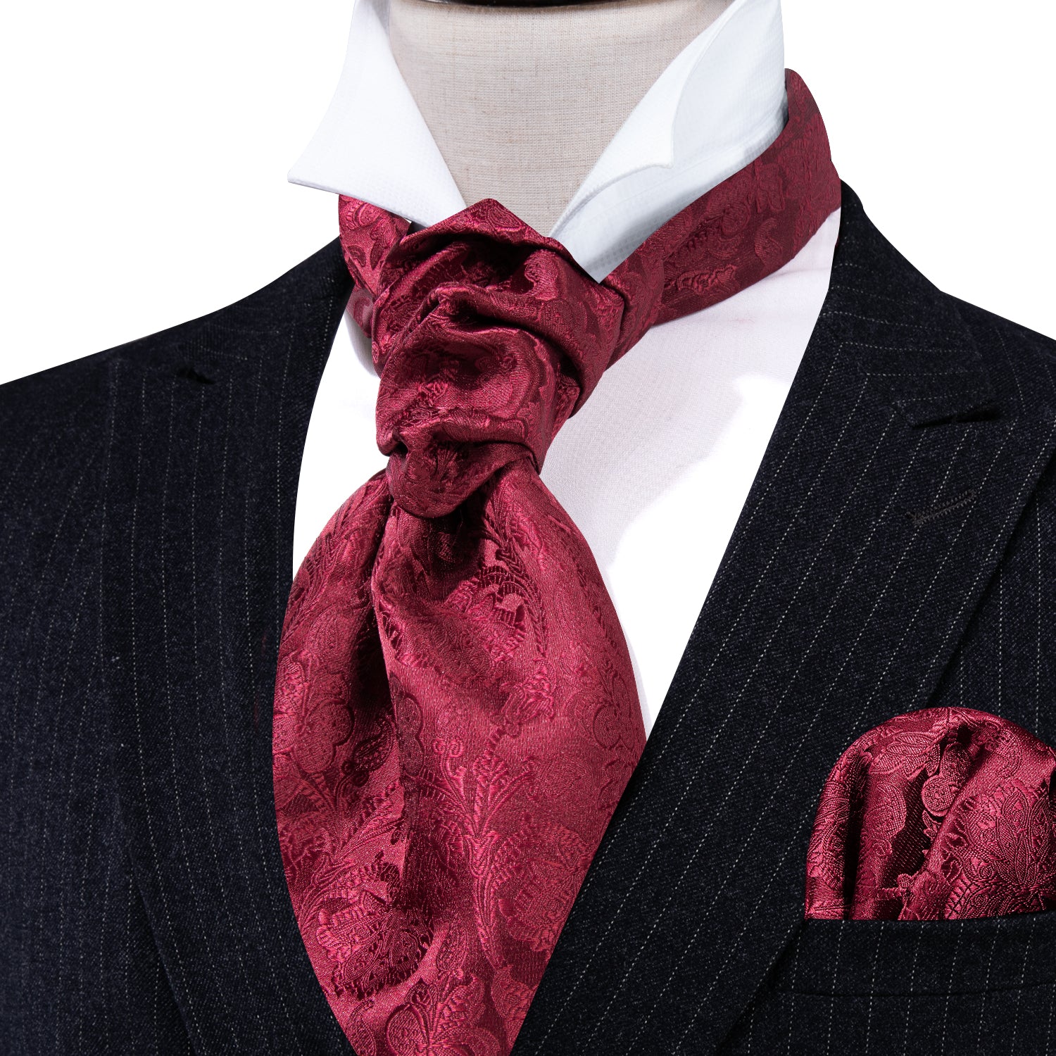 Dark Red Striped Silk Ascot Handkerchief Cufflinks