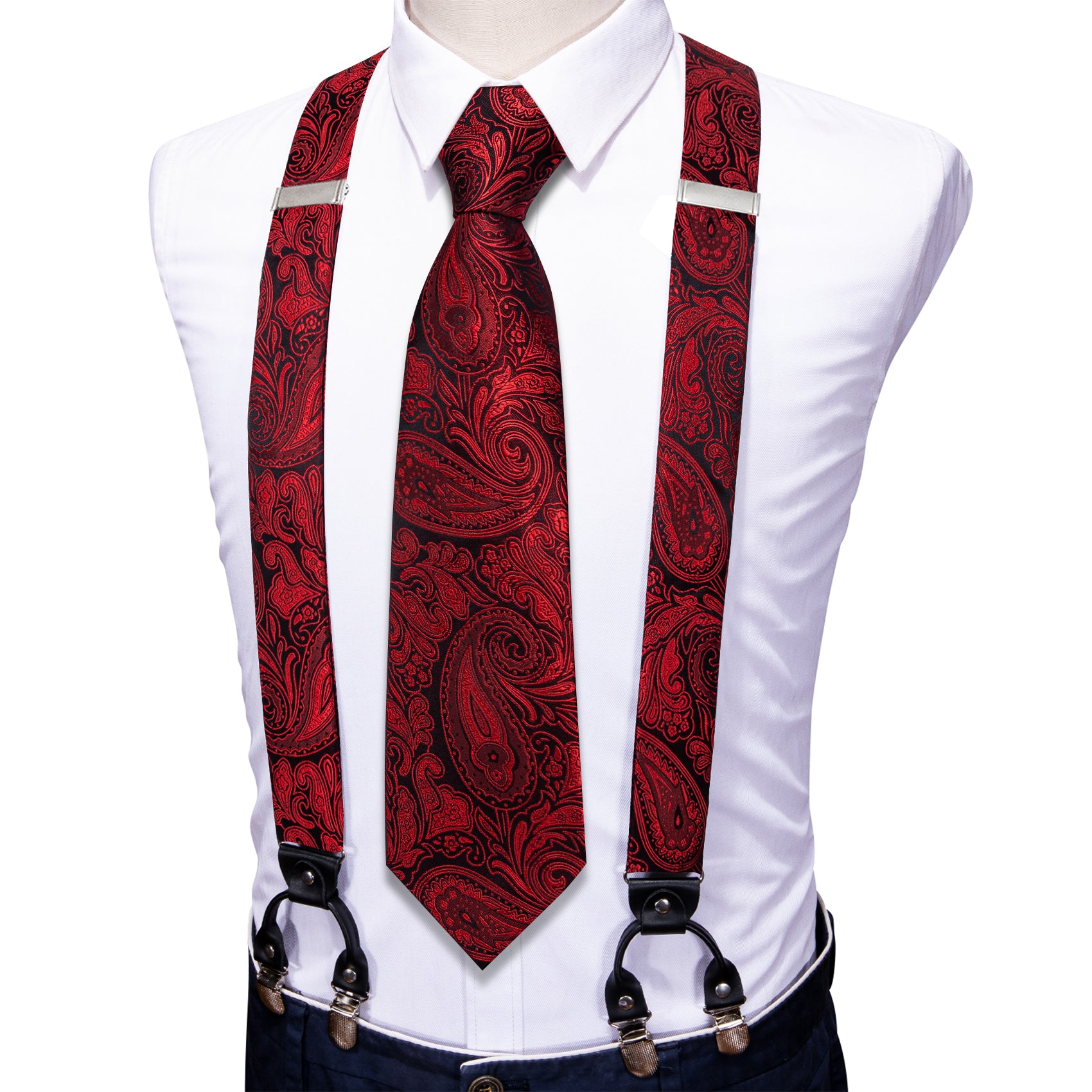 New Red Paisley Y Back Adjustable Necktie Suspenders Set