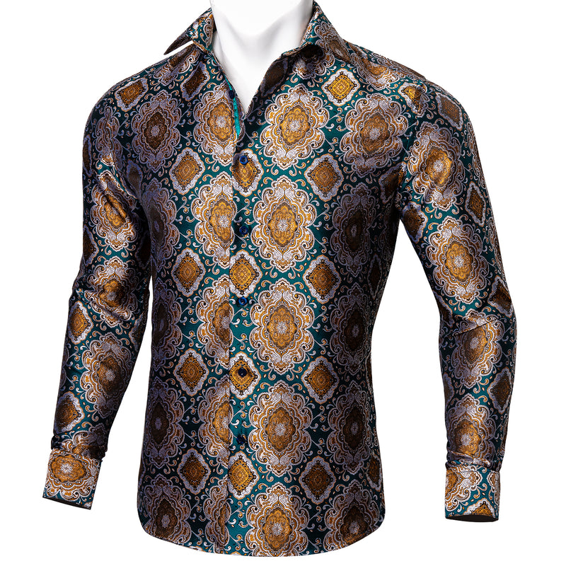 Barry.wang Green Golden Paisley Silk Button Up Shirt – BarryWang