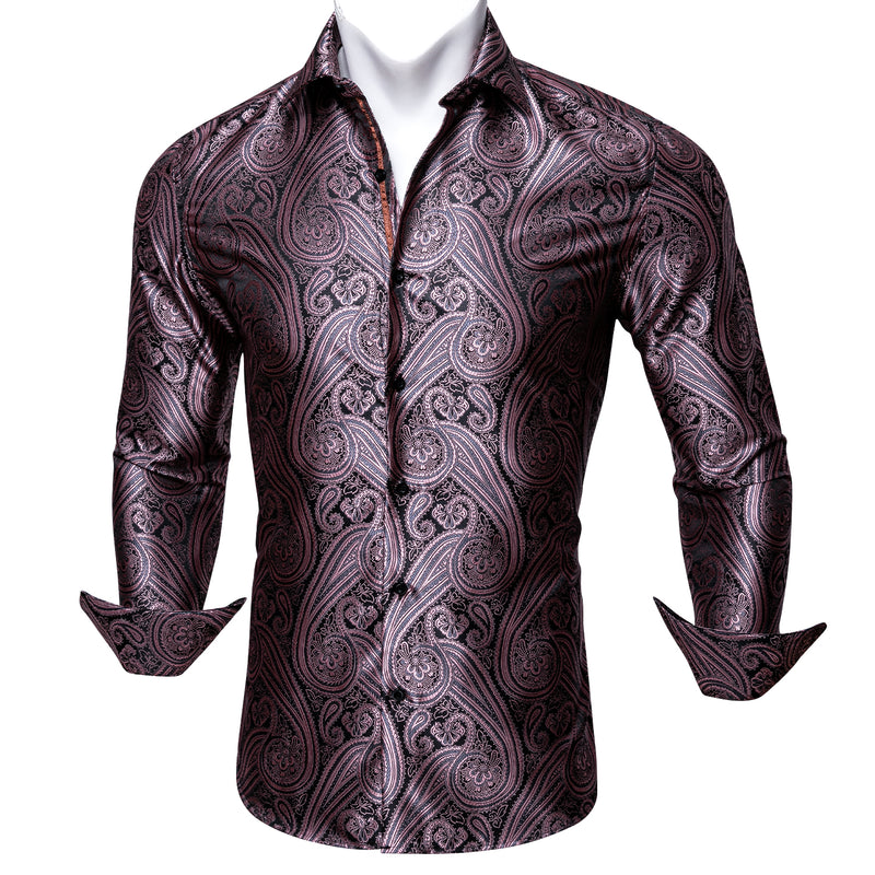 Barry.wang New Shining Black Purple Silk Paisley Tribal Long Sleeve Daily Slim Fit Men's Shirt