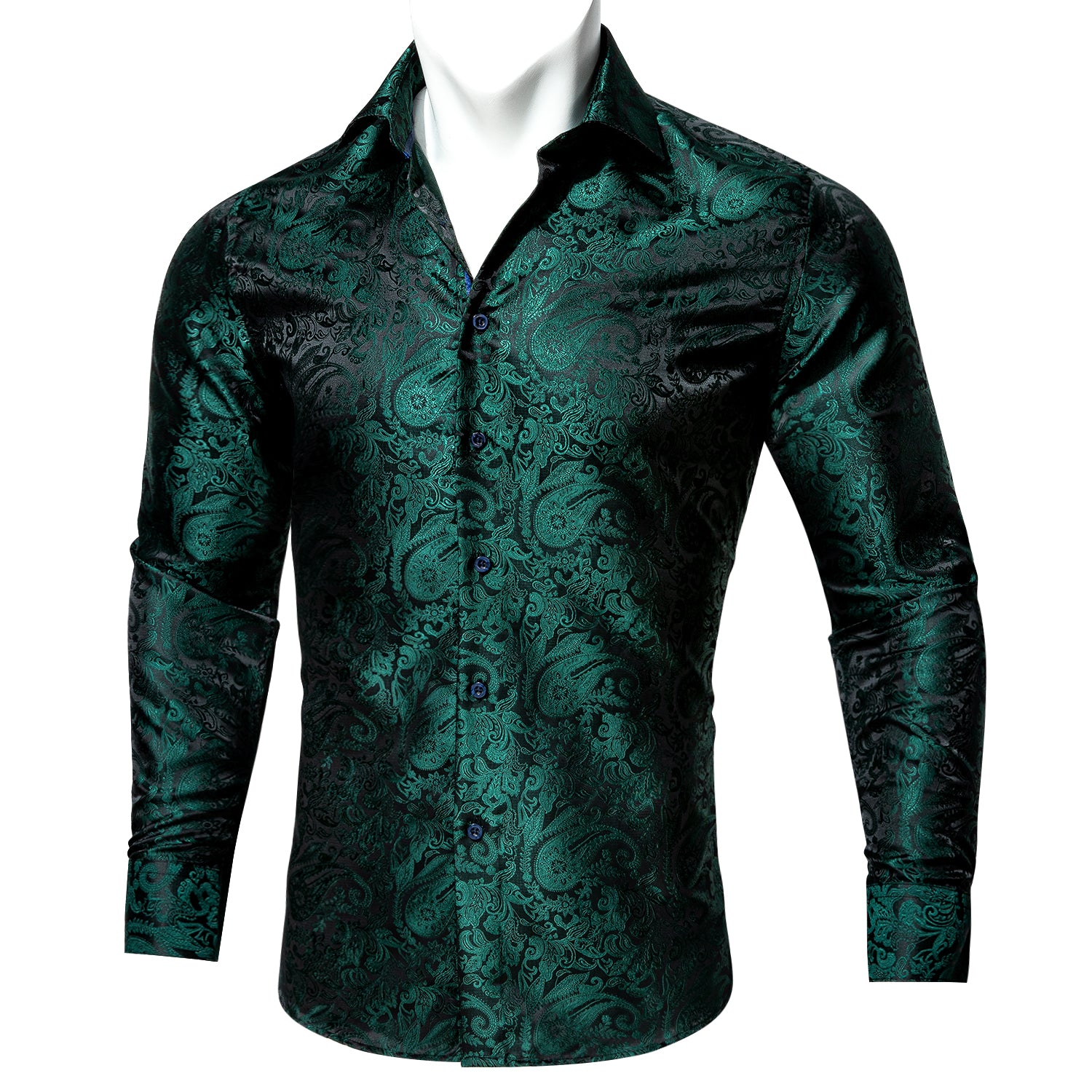 Barry.wang Button Down Shirt Green Solid Silk Shirt for Men Classic