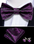 Dark Purple Paisley Self-tied Bow Tie Hanky Cufflinks Set