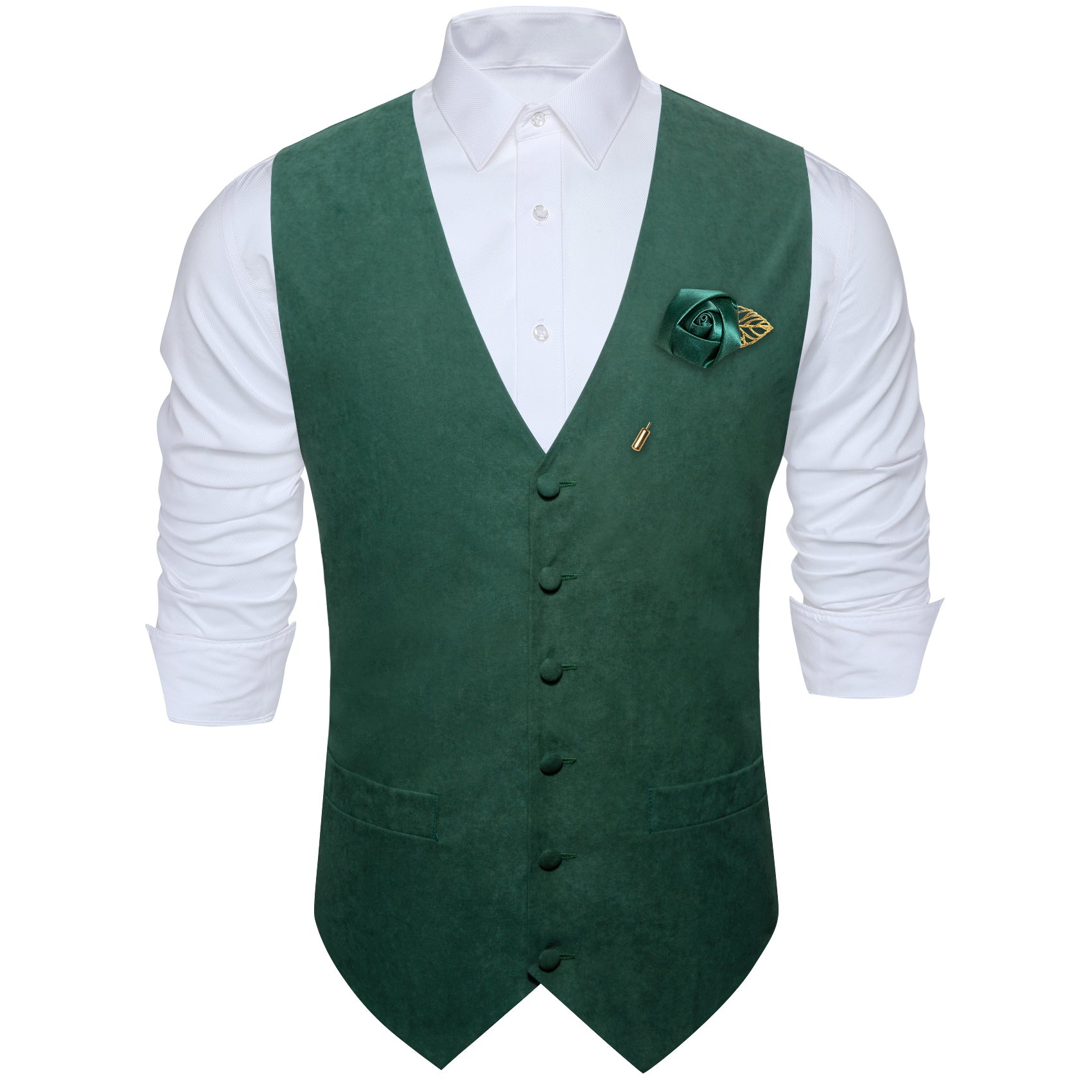 Men's Green Solid Silk Waistcoat Vest with Lapel Pin