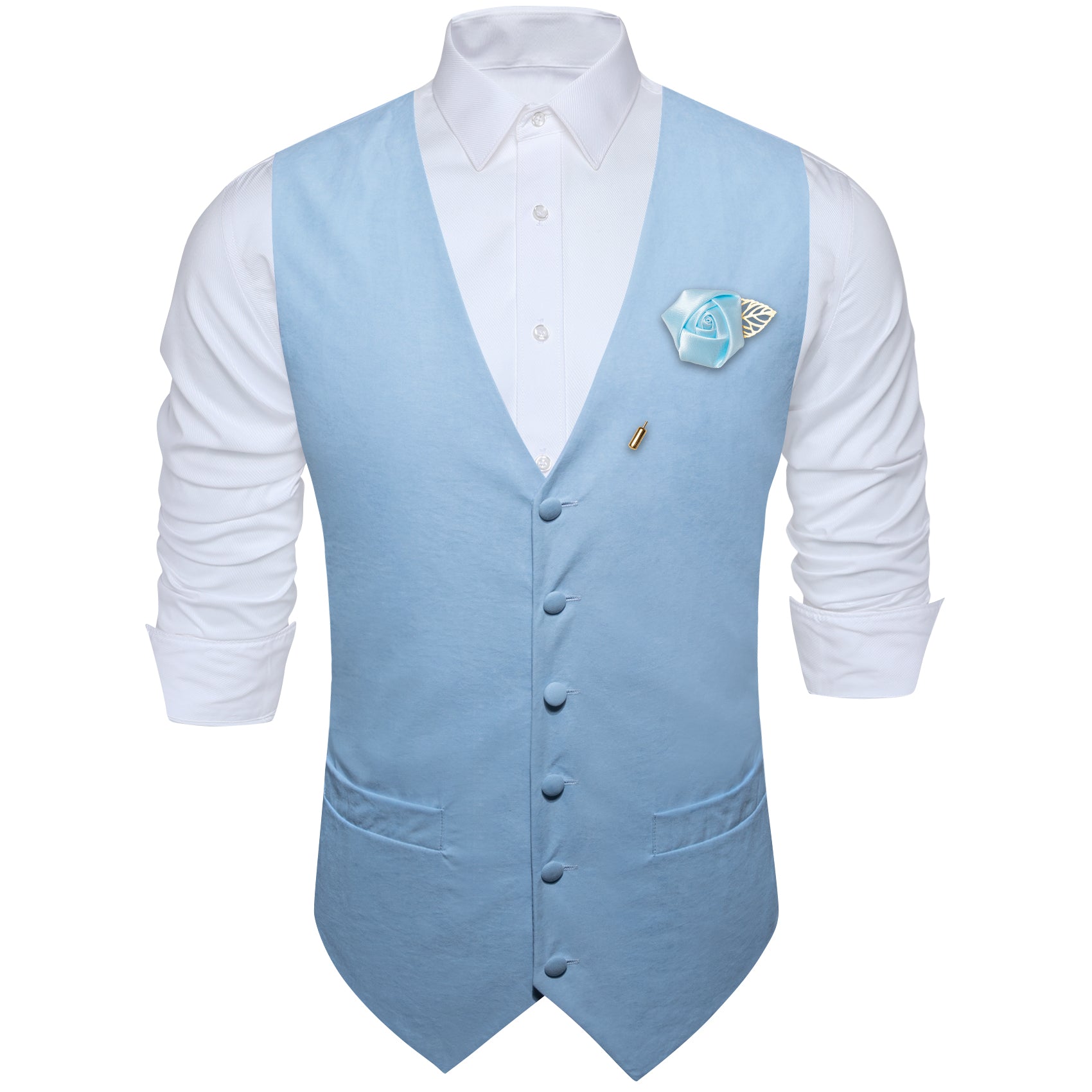 Men's Blue Solid Silk Waistcoat Vest with Lapel Pin