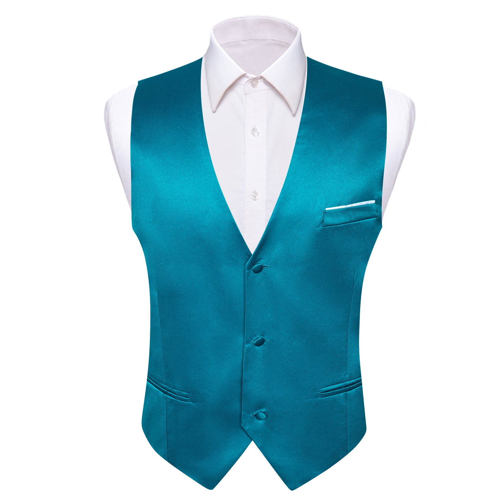 Men's Green Solid Silk Waistcoat Vest with Lapel Pin